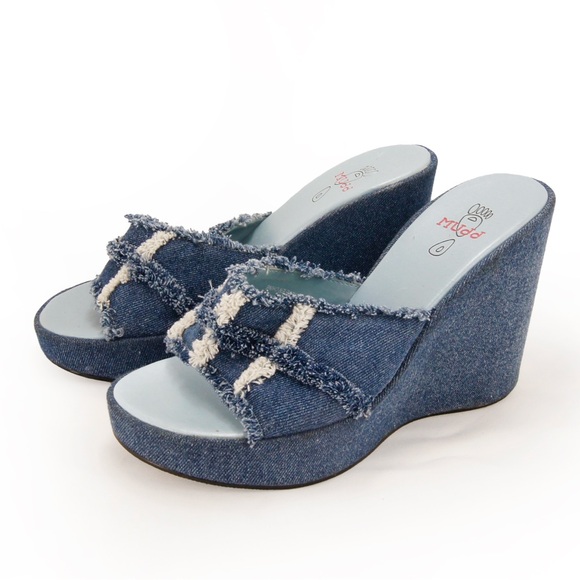 Mudd Shoes - Vintage 90s Y2K Mudd Blue Denim Chunky Platform Wedge Sandals Shoes